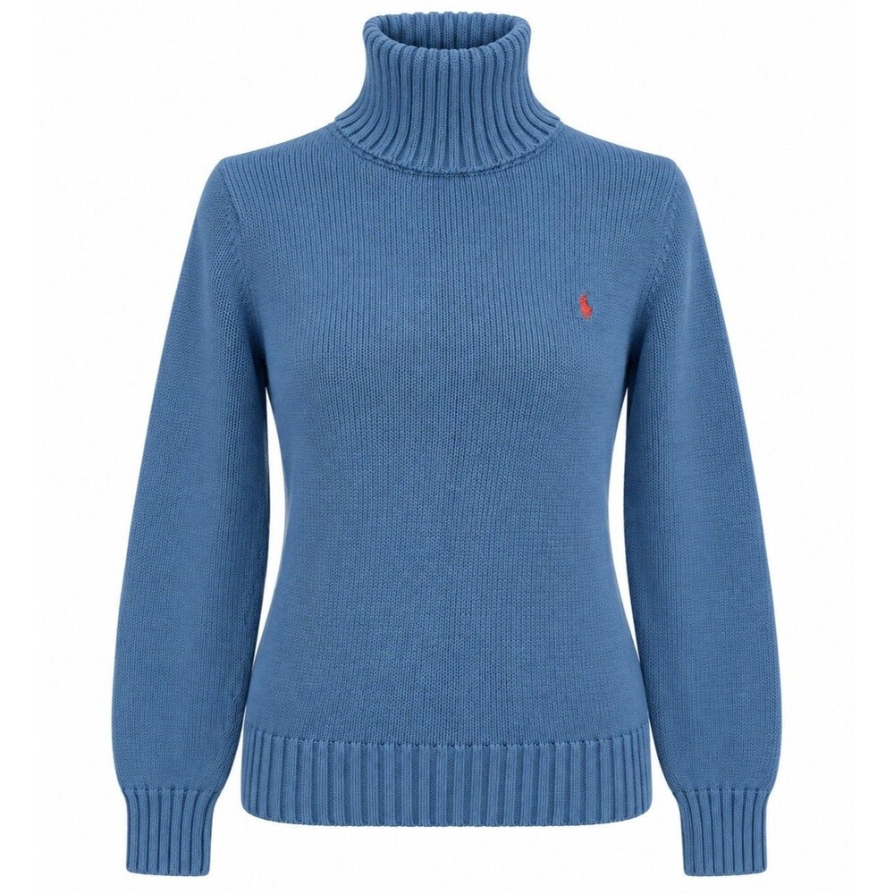 Polo Ralph Lauren Blue Cotton TurtleNeck Pink Pony Sweater Women M Pony Logo EUC